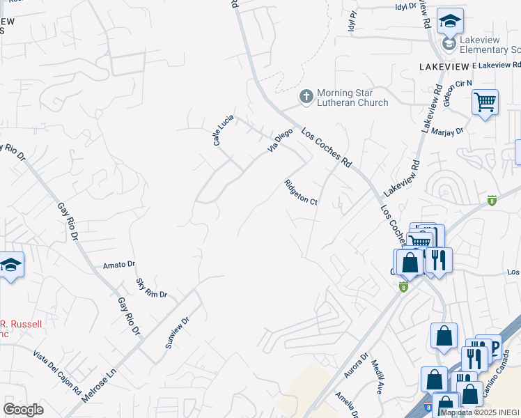 map of restaurants, bars, coffee shops, grocery stores, and more near 12503 Ridgeton Drive in Lakeside