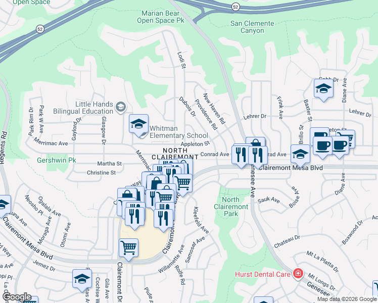 map of restaurants, bars, coffee shops, grocery stores, and more near 4311 Conrad Avenue in San Diego