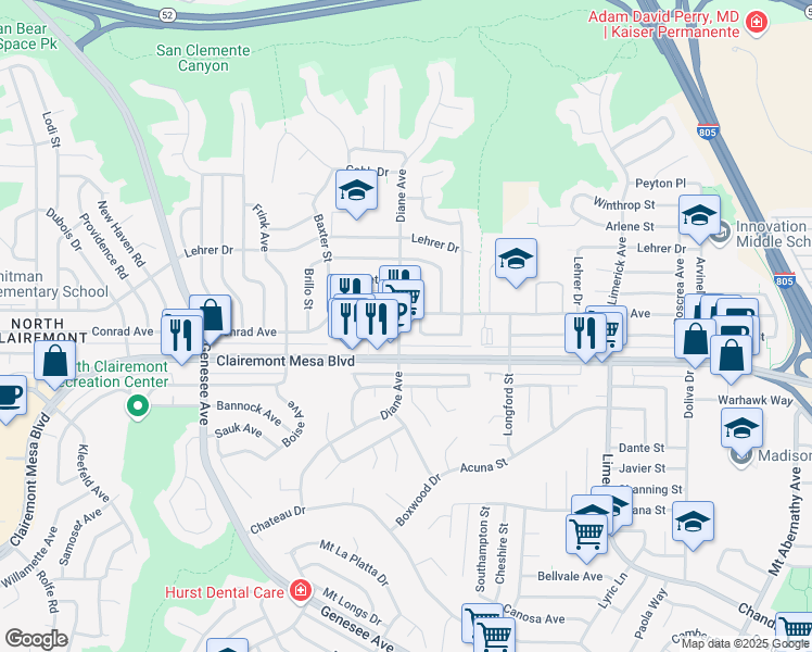 map of restaurants, bars, coffee shops, grocery stores, and more near 4957 Diane Avenue in San Diego