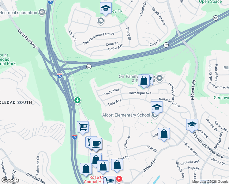 map of restaurants, bars, coffee shops, grocery stores, and more near 2719 Havasupai Avenue in San Diego