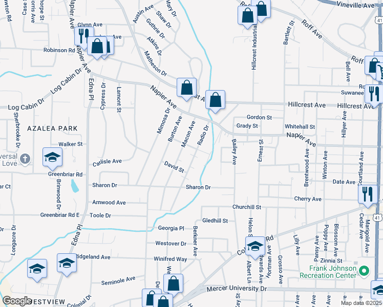 map of restaurants, bars, coffee shops, grocery stores, and more near 1113 Radio Drive in Macon