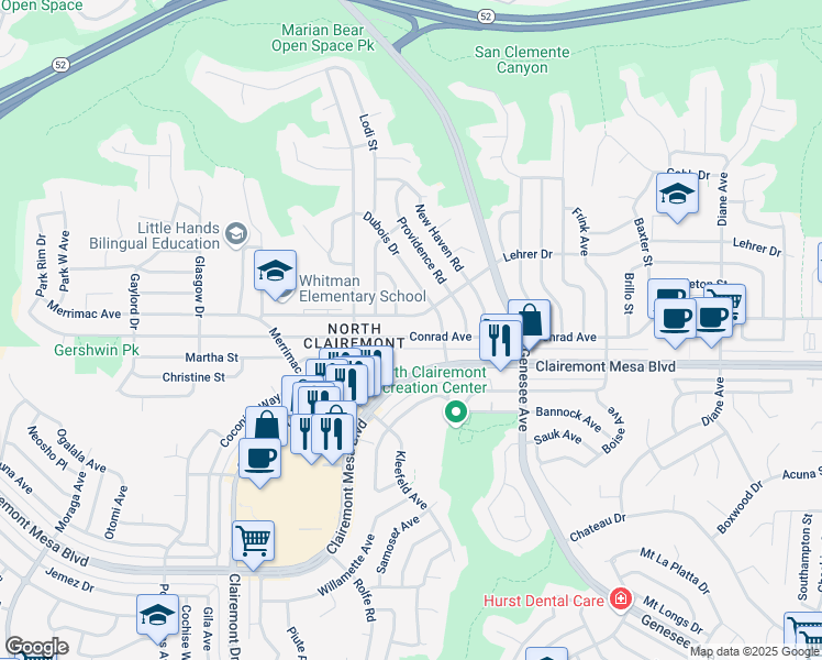 map of restaurants, bars, coffee shops, grocery stores, and more near 4311 Conrad Avenue in San Diego