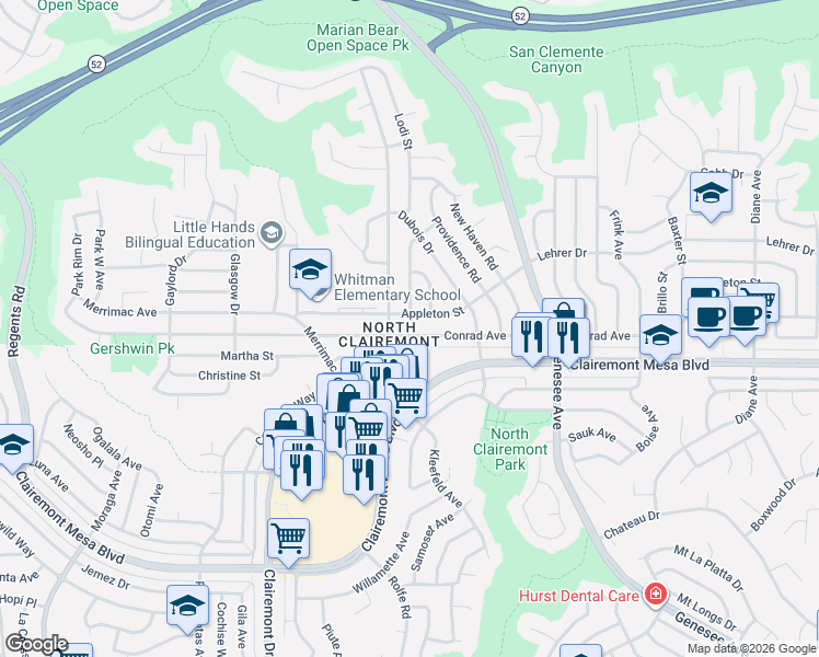 map of restaurants, bars, coffee shops, grocery stores, and more near 4211 Conrad Avenue in San Diego