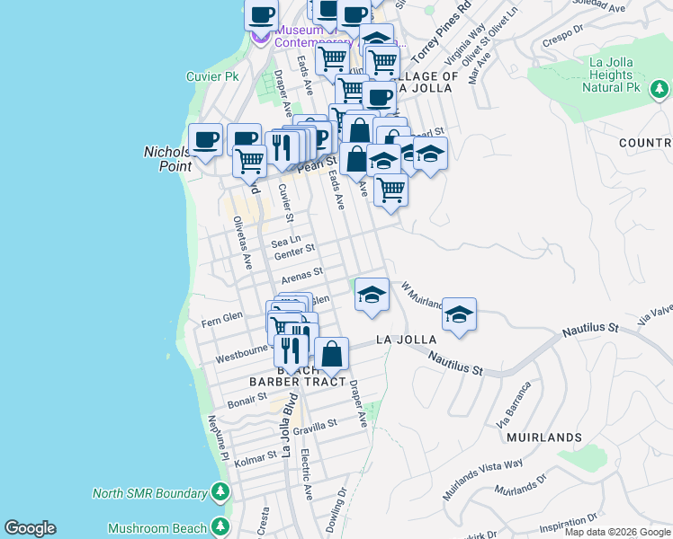 map of restaurants, bars, coffee shops, grocery stores, and more near 723 Rushville Street in San Diego