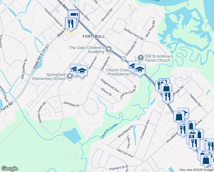 map of restaurants, bars, coffee shops, grocery stores, and more near 2615 Ridgewood Avenue in Charleston