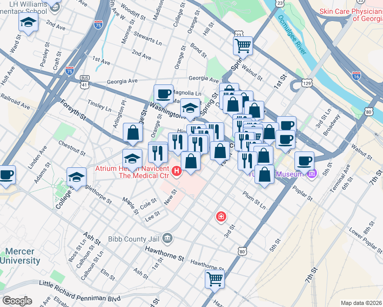 map of restaurants, bars, coffee shops, grocery stores, and more near 831 Pine Street in Macon