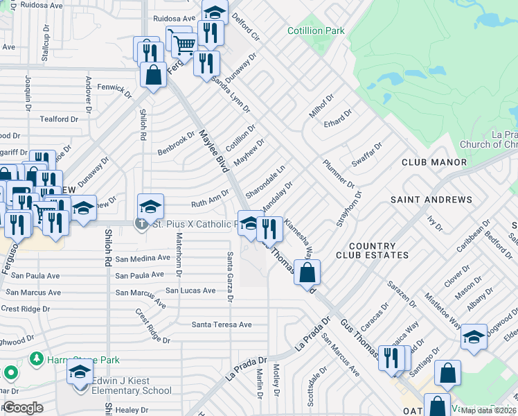 map of restaurants, bars, coffee shops, grocery stores, and more near 10810 Mandalay Drive in Dallas
