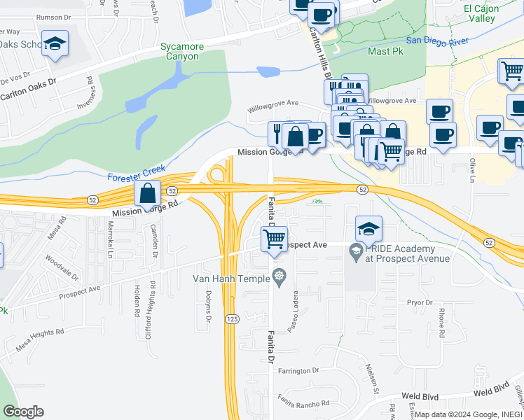 map of restaurants, bars, coffee shops, grocery stores, and more near 8770 Glen Vista Way in Santee