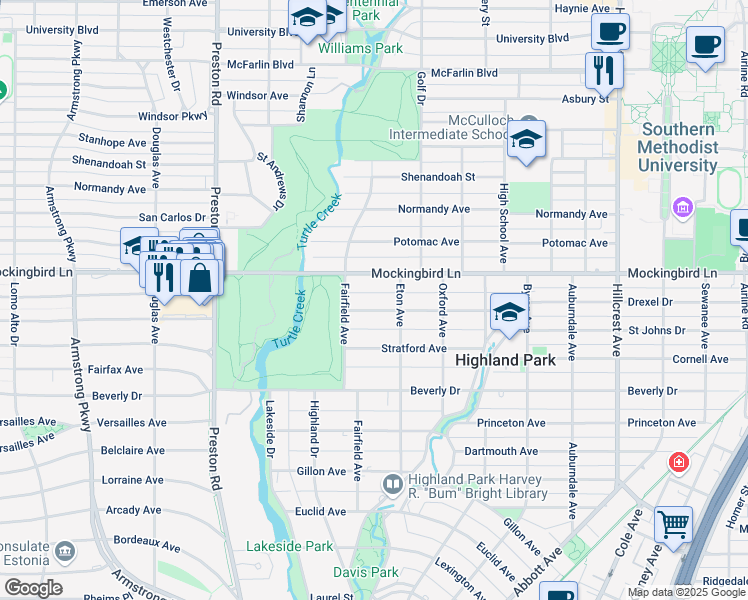 map of restaurants, bars, coffee shops, grocery stores, and more near 3825 Maplewood Avenue in Dallas