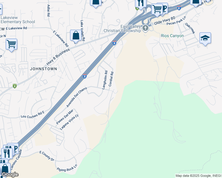 map of restaurants, bars, coffee shops, grocery stores, and more near 8603 Cordial Road in El Cajon