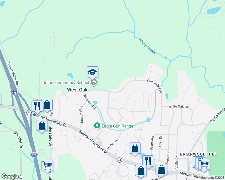 map of restaurants, bars, coffee shops, grocery stores, and more near 3921 West Oak Drive in Macon