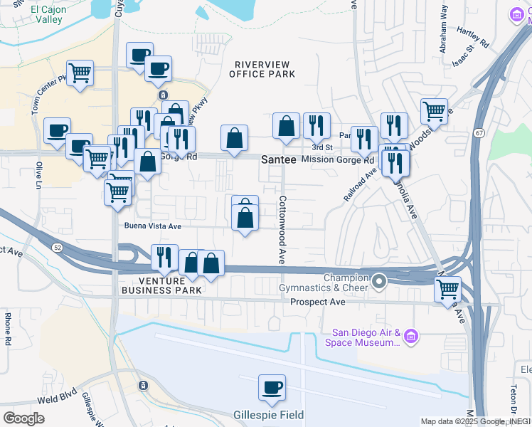 map of restaurants, bars, coffee shops, grocery stores, and more near 8797 Dawn Court in Santee