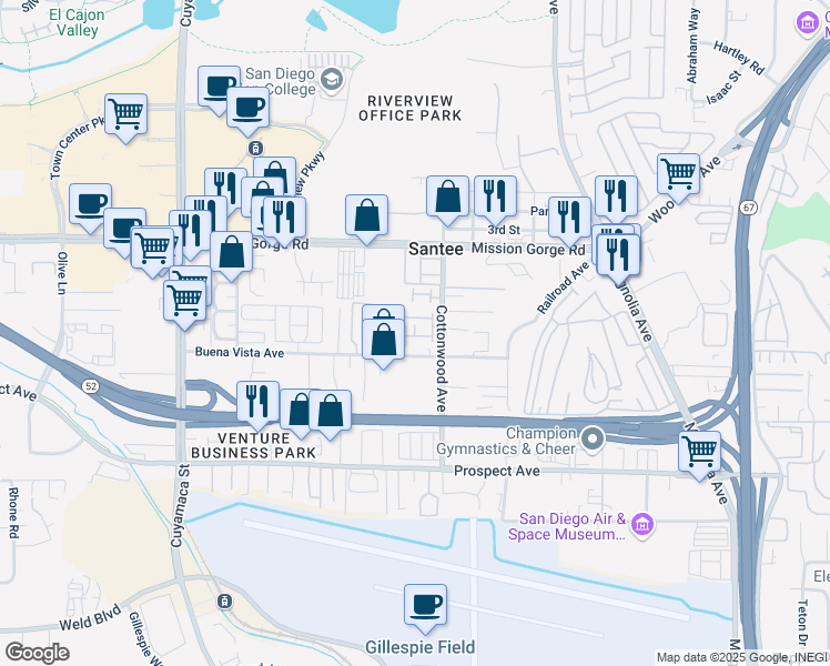 map of restaurants, bars, coffee shops, grocery stores, and more near 8778 Buena Vista Avenue in Santee