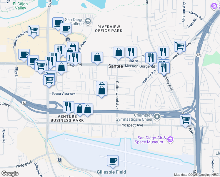 map of restaurants, bars, coffee shops, grocery stores, and more near 10225 Daybreak Lane in Santee