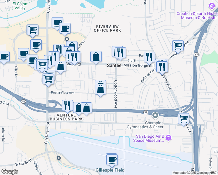 map of restaurants, bars, coffee shops, grocery stores, and more near 10225 Daybreak Lane in Santee