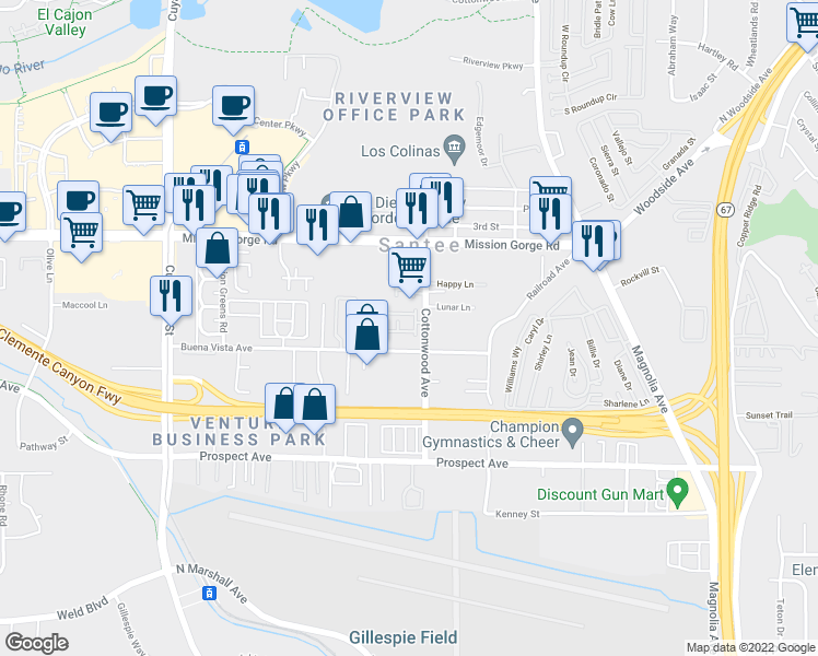 map of restaurants, bars, coffee shops, grocery stores, and more near 10240 Daybreak Lane in Santee