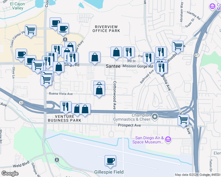 map of restaurants, bars, coffee shops, grocery stores, and more near 10240 Daybreak Lane in Santee
