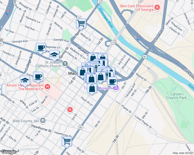 map of restaurants, bars, coffee shops, grocery stores, and more near 440 3rd Street in Macon