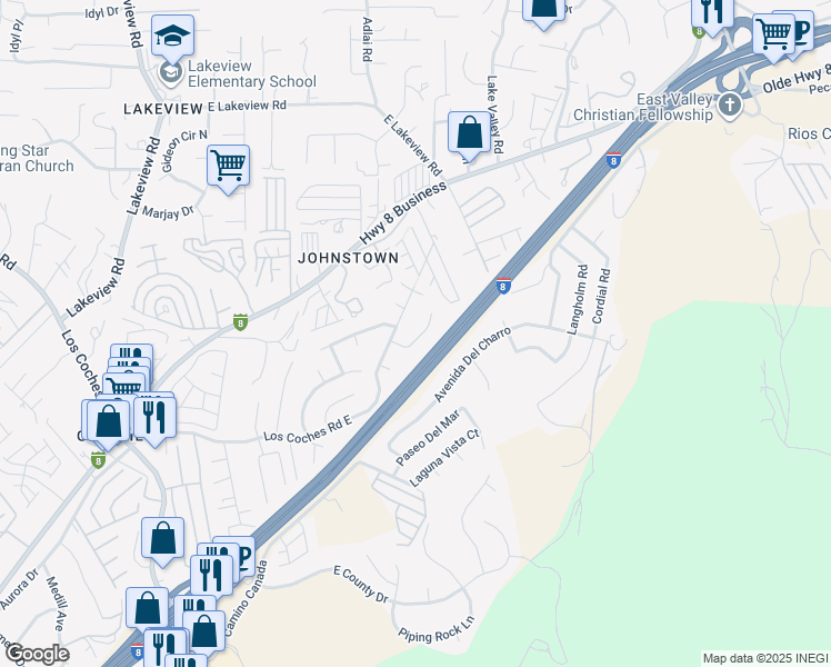 map of restaurants, bars, coffee shops, grocery stores, and more near 8543 Via Consuelo in El Cajon