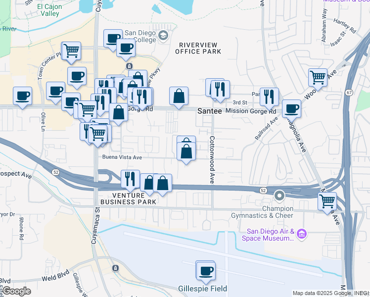 map of restaurants, bars, coffee shops, grocery stores, and more near 10158 Buena Vista Avenue in Santee