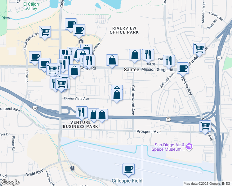 map of restaurants, bars, coffee shops, grocery stores, and more near 8796 Aspenglow Place in Santee
