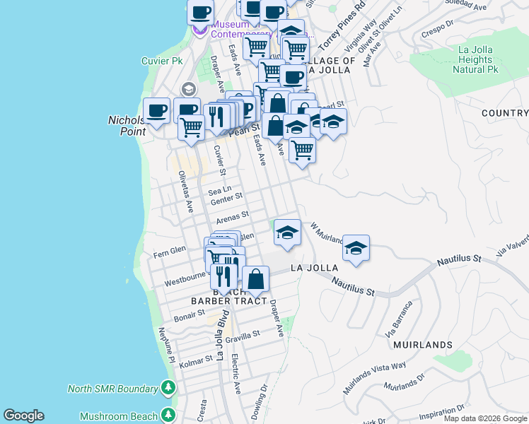 map of restaurants, bars, coffee shops, grocery stores, and more near 741 Arenas Street in San Diego