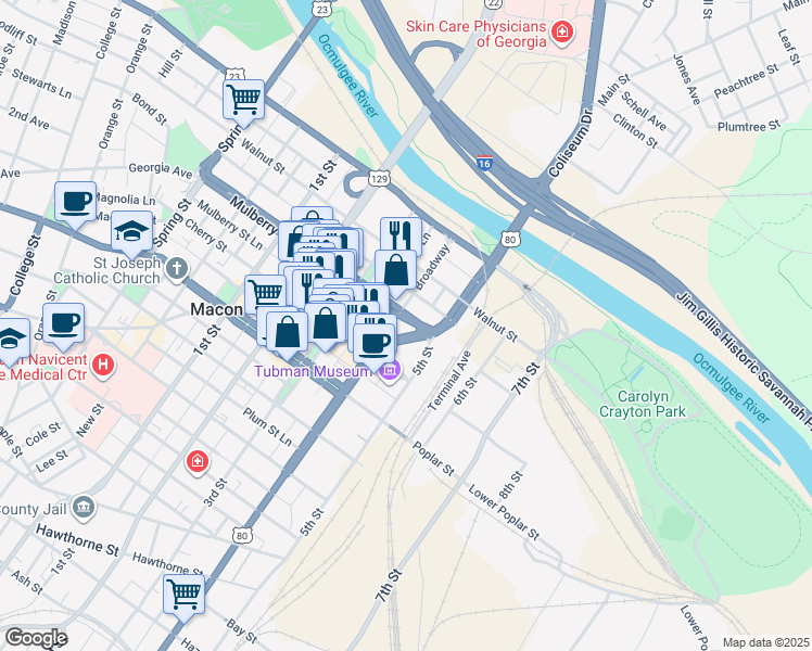 map of restaurants, bars, coffee shops, grocery stores, and more near 300 Mulberry Street in Macon