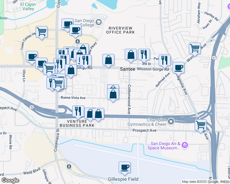 map of restaurants, bars, coffee shops, grocery stores, and more near 10158 Buena Vista Avenue in Santee