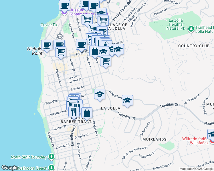 map of restaurants, bars, coffee shops, grocery stores, and more near 7127 Fay Avenue in San Diego