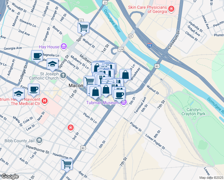 map of restaurants, bars, coffee shops, grocery stores, and more near 430 Cherry Street in Macon