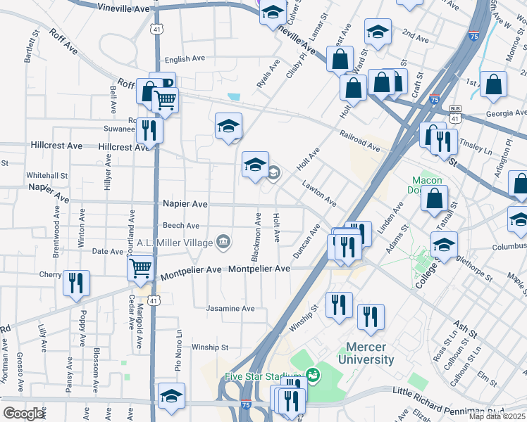 map of restaurants, bars, coffee shops, grocery stores, and more near 2209 Beech Avenue in Macon