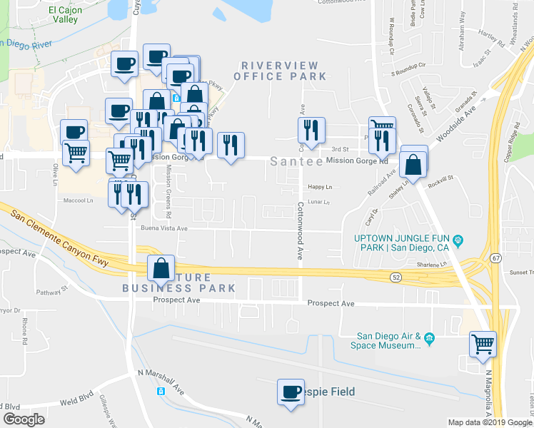 map of restaurants, bars, coffee shops, grocery stores, and more near 10158 Buena Vista Avenue in Santee