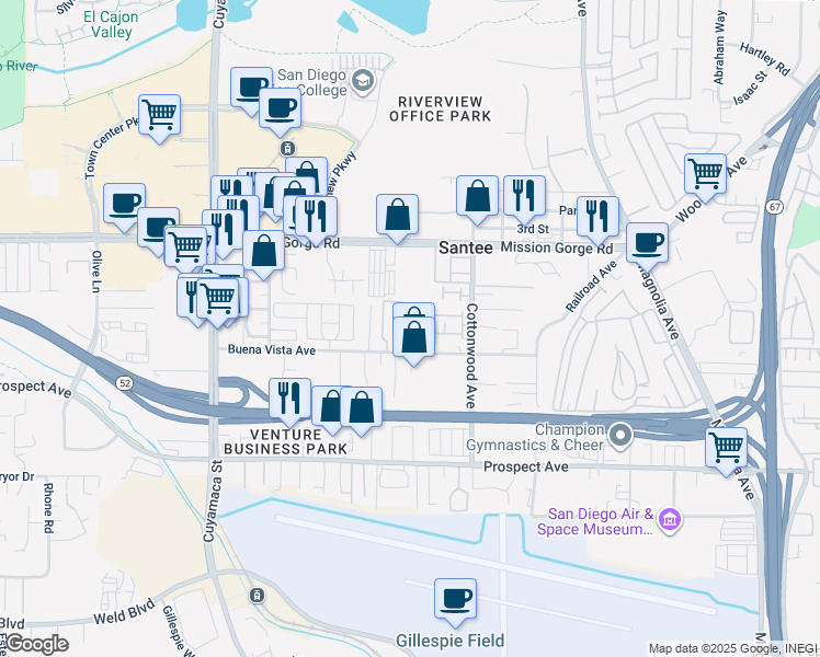 map of restaurants, bars, coffee shops, grocery stores, and more near 10158 Buena Vista Avenue in Santee
