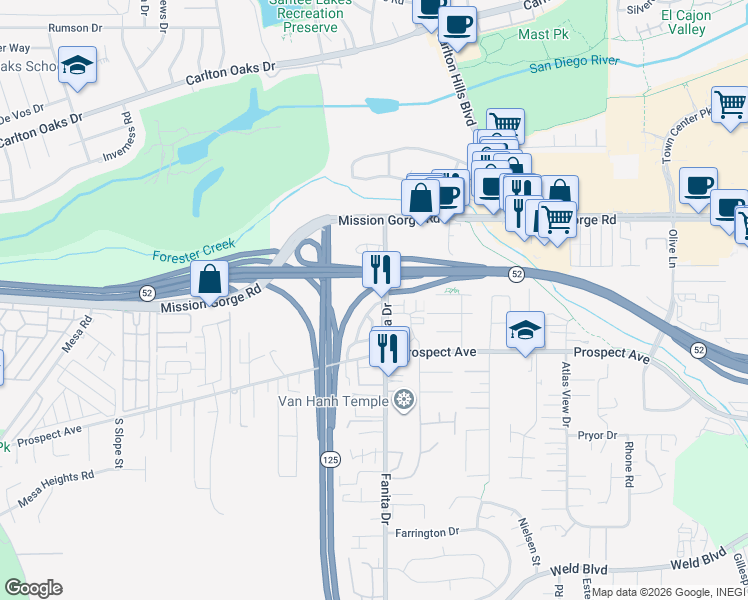 map of restaurants, bars, coffee shops, grocery stores, and more near 8751 Glen Vista Way in Santee