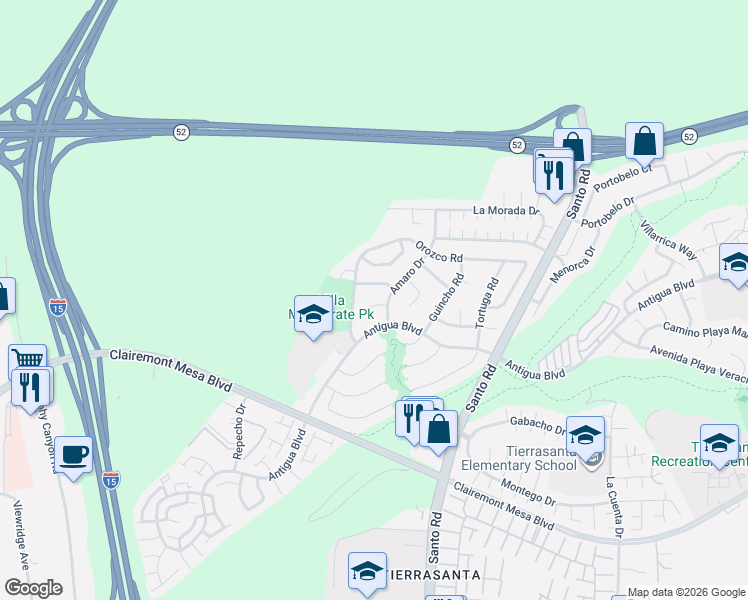 map of restaurants, bars, coffee shops, grocery stores, and more near 5658 Antigua Boulevard in San Diego