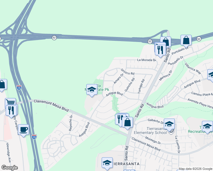 map of restaurants, bars, coffee shops, grocery stores, and more near 5658 Antigua Boulevard in San Diego