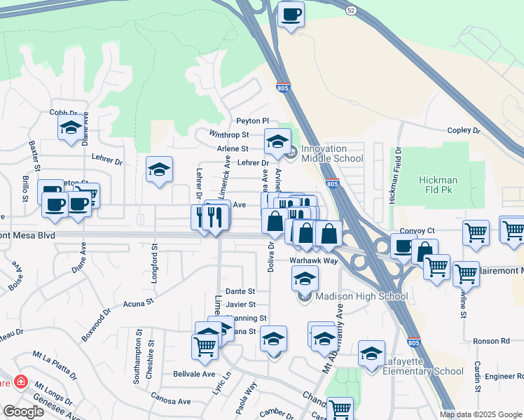 map of restaurants, bars, coffee shops, grocery stores, and more near 5405 Bergen Street in San Diego