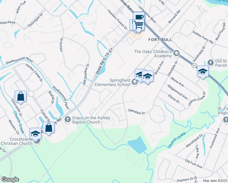 map of restaurants, bars, coffee shops, grocery stores, and more near 2110 Glen Oaks Court in Charleston
