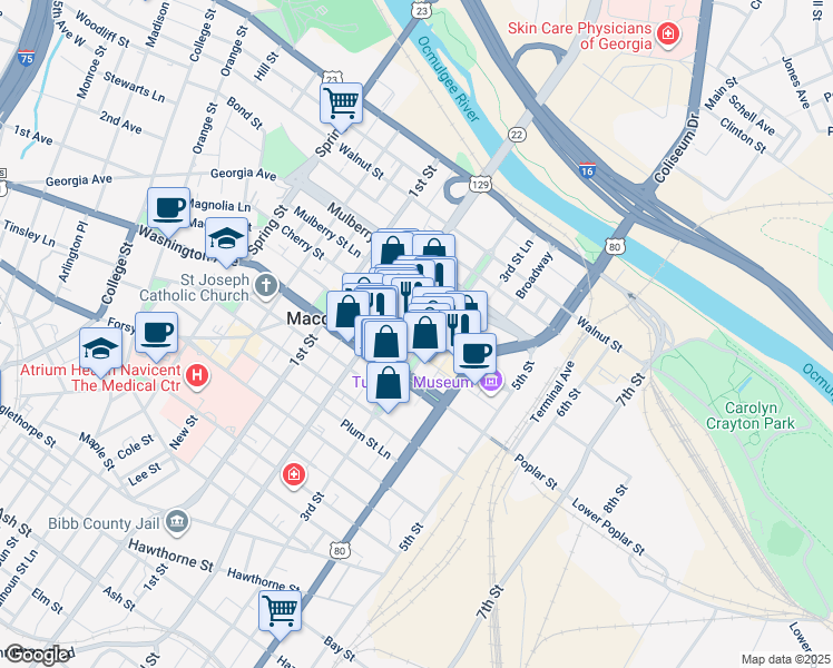 map of restaurants, bars, coffee shops, grocery stores, and more near 440 3rd Street in Macon