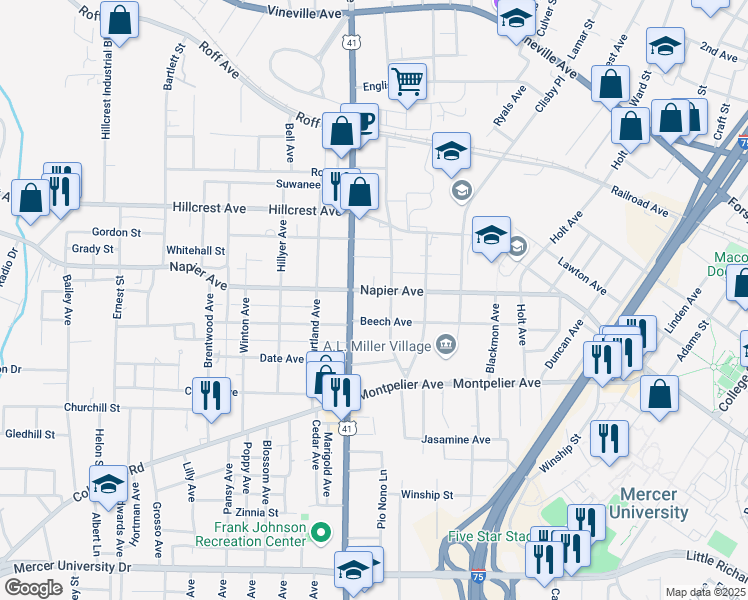 map of restaurants, bars, coffee shops, grocery stores, and more near 2525 Beech Avenue in Macon