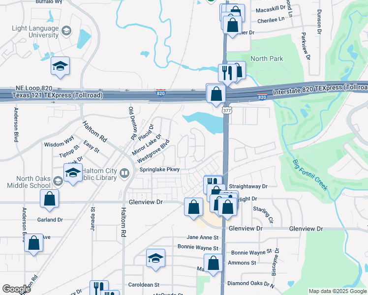 map of restaurants, bars, coffee shops, grocery stores, and more near 5801 Springlake Parkway in Haltom City