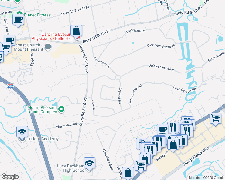 map of restaurants, bars, coffee shops, grocery stores, and more near 956 Charter Court in Mount Pleasant