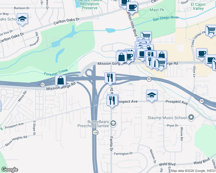 map of restaurants, bars, coffee shops, grocery stores, and more near 8772 Glen Vista Way in Santee