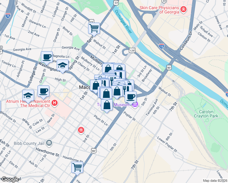 map of restaurants, bars, coffee shops, grocery stores, and more near 440 3rd Street in Macon