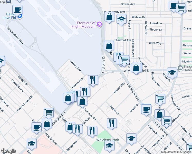 map of restaurants, bars, coffee shops, grocery stores, and more near 3333 West Mockingbird Lane in Dallas