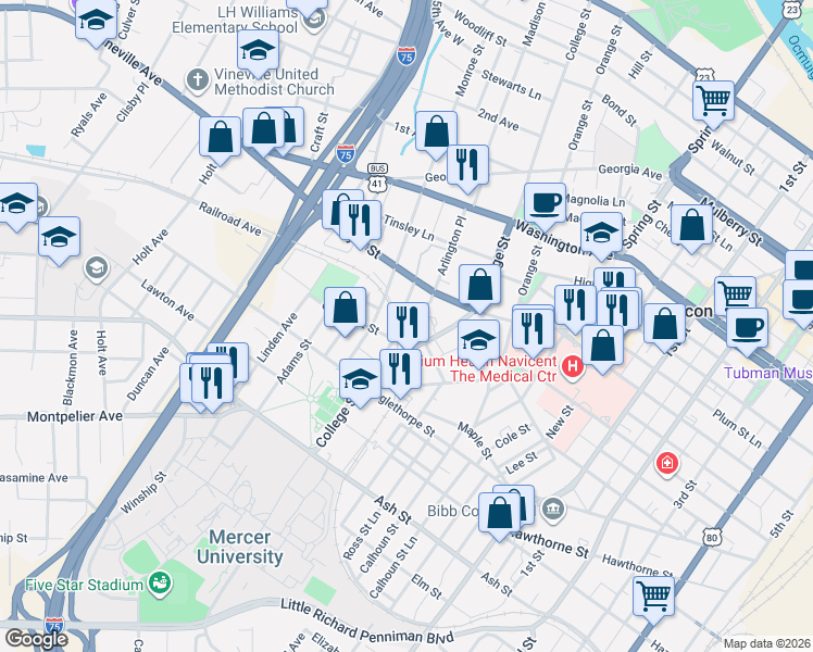 map of restaurants, bars, coffee shops, grocery stores, and more near 855 College Street in Macon