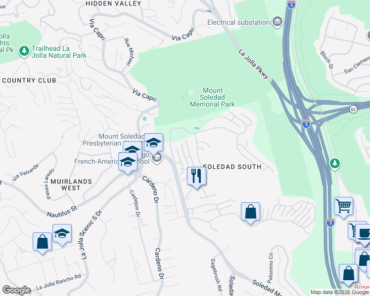 map of restaurants, bars, coffee shops, grocery stores, and more near 6665 Caminito Sinnecock in San Diego