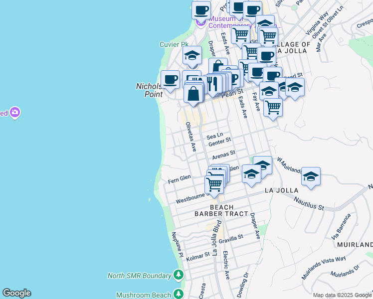 map of restaurants, bars, coffee shops, grocery stores, and more near 7253 Monte Vista Avenue in San Diego