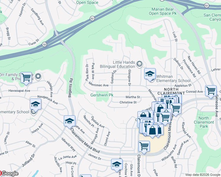map of restaurants, bars, coffee shops, grocery stores, and more near 4984 Gaylord Drive in San Diego