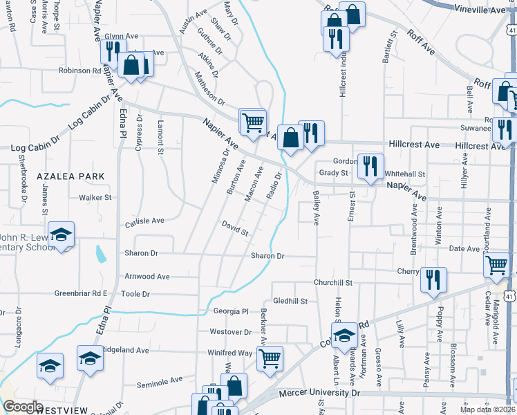 map of restaurants, bars, coffee shops, grocery stores, and more near 1071 Radio Drive in Macon